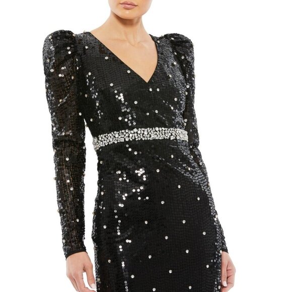 Mac Duggal Sequined Faux Wrap Puff Sleeve Trumpet Black Gown 8 #8507 - Picture 2 of 8